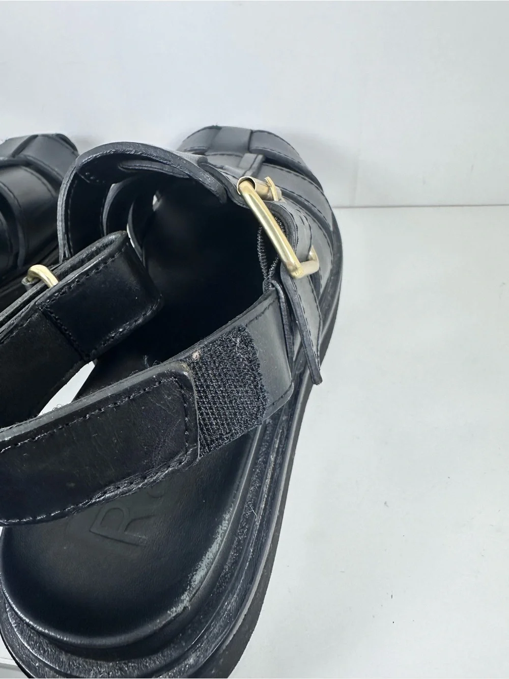 Loeffler Randall Black Leather Platform Fisherman Sandals with Gold Buckles - Picture 10 of 10